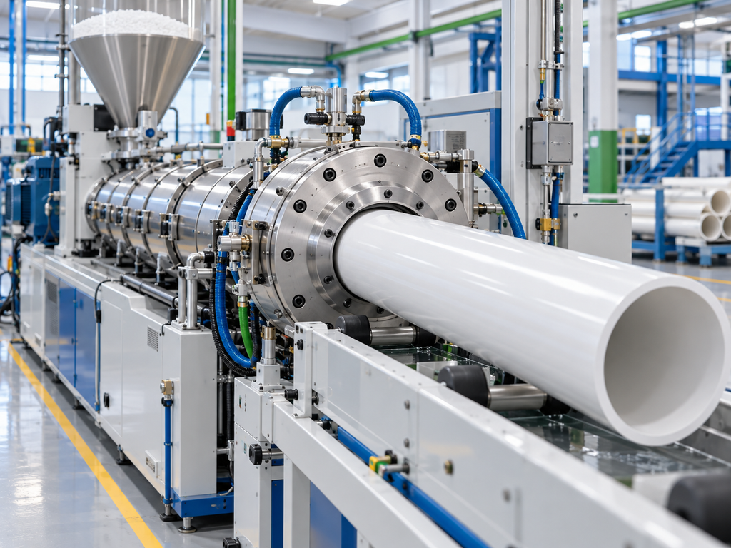 Línea de extrusión de tubería PVC-U en una planta industrial